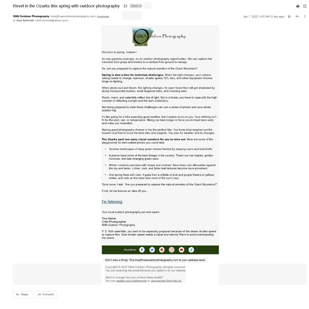 NW Arkansas Outdoor Photography email example